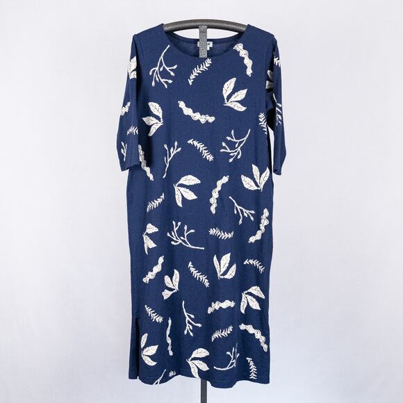 M MAC Botanical Print Shift Dress Blue LARGE Earthy Leaf Boho Casual Lagenlook - Picture 1 of 5